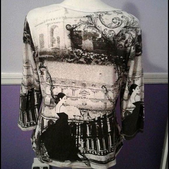 Cruise Wear Black & Off-white 3/4 Sleeve Novelty Spain Print Sweater Top - Picture 4 of 5